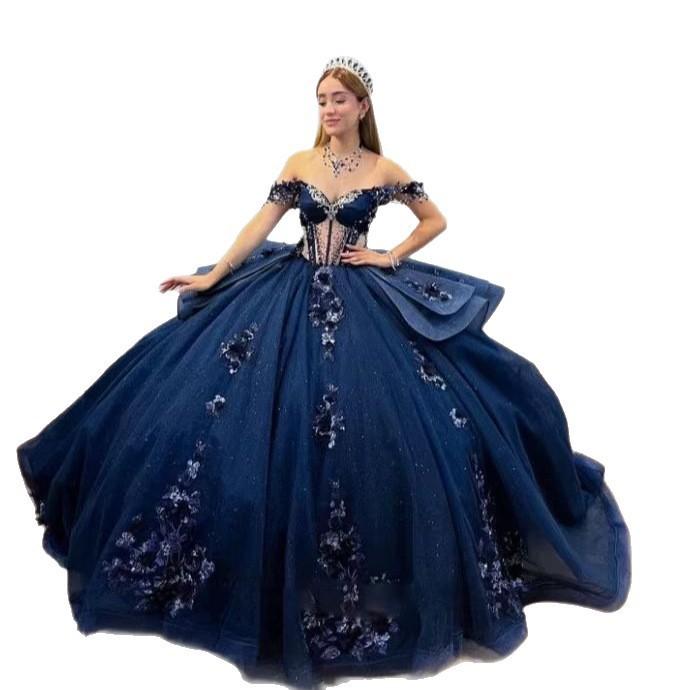European and American sexy one-word shoulder navy blue off-the-shoulder bar mitzvah dress 1011 new applique fluffy colored yarn princess dress