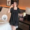 Linglei Summer Solid Color Square Neck Lace Sweet Loose Princess Wind Mesh Short Sleeve Pajama Set Loungewear