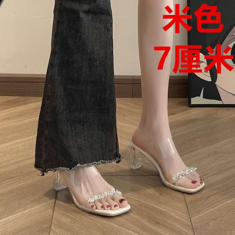 Slippers Female Summer Wear Rhinestone Open-toed Transparent One-word Sandals Crystal Thick Heel High Heels Versatile with Skirt Sandals