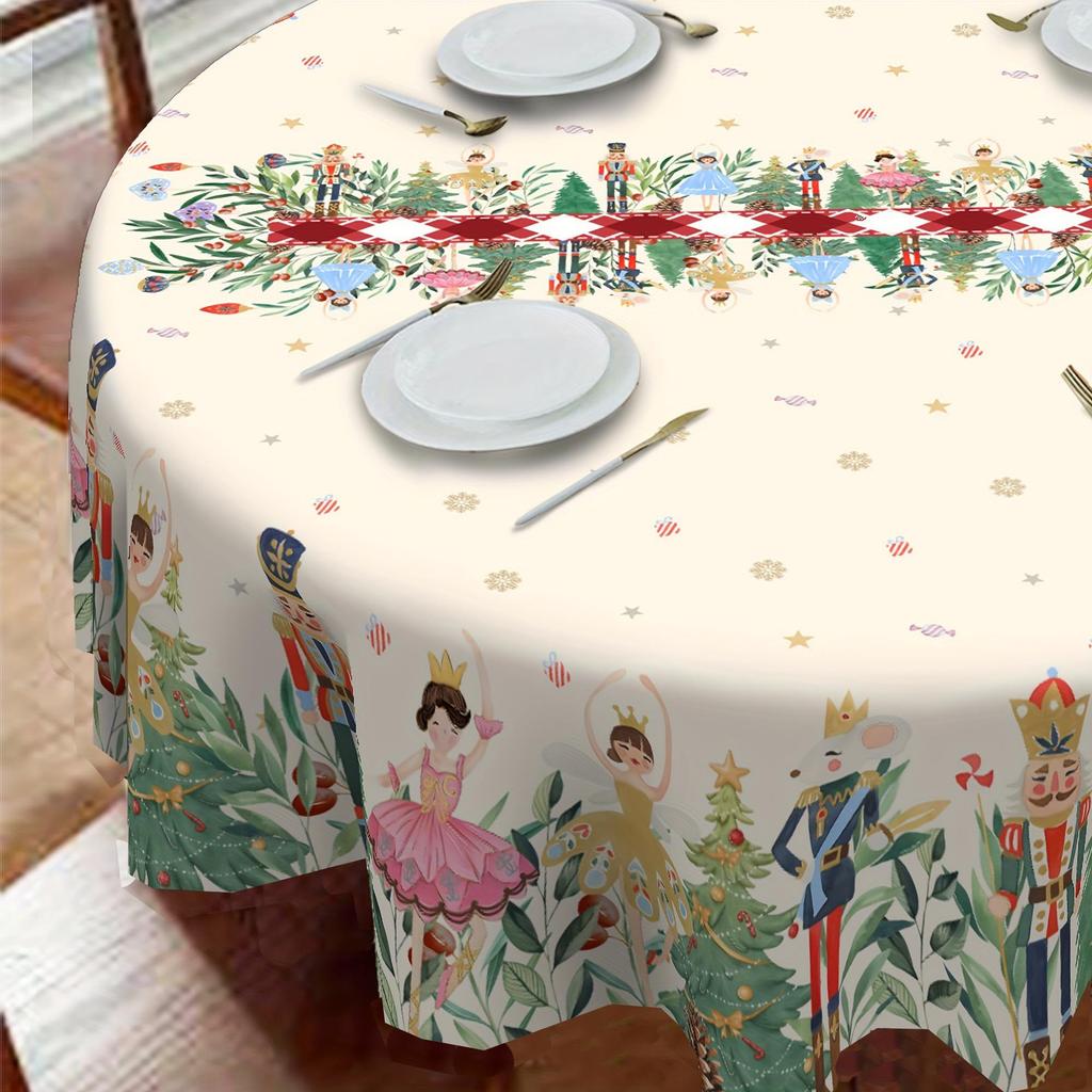 Round Christmas Tablecloth Santa Nutcracker Snowman Print Holiday Dining Table Cover Dustproof Home Decoration 150cm