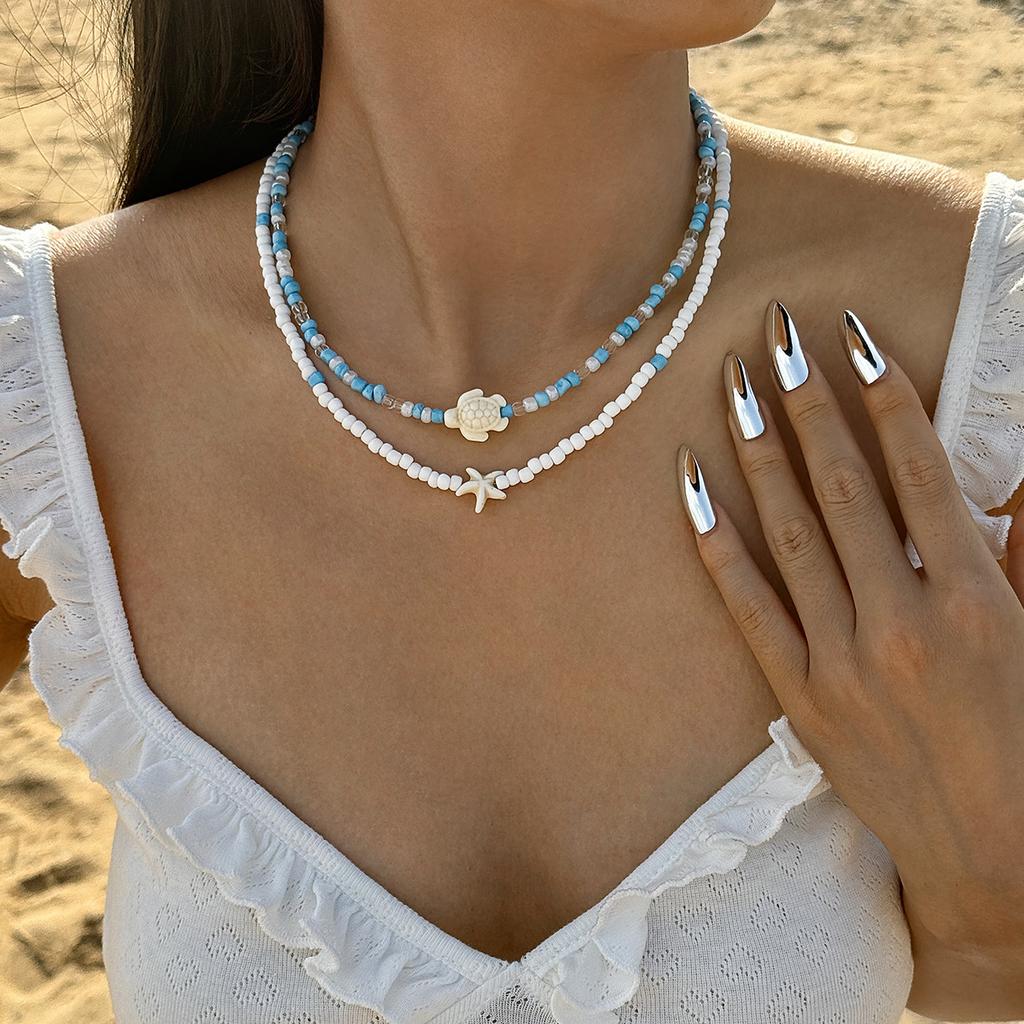 Bohemian Colorful Bead Necklace for Women Summer Handmade Starfish Tortoise Choker Chain Beach Jewelry Accessories Gifts