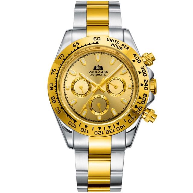 Paulareis Automatic Watches Self Wind Mechanical Gold Stainless Steel Glacier Ice Blue Dial Chestnut Brown Bezel Luminous Men Watch RL01