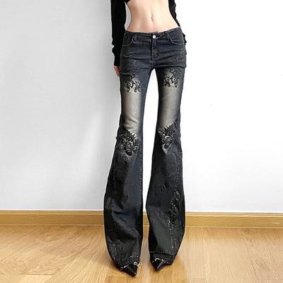Streetwear Y2k Flare Jeans Distressed Floral Print Low Rise Slim Denim Hose Koreanische Damen Hose Retro Mom Jeans