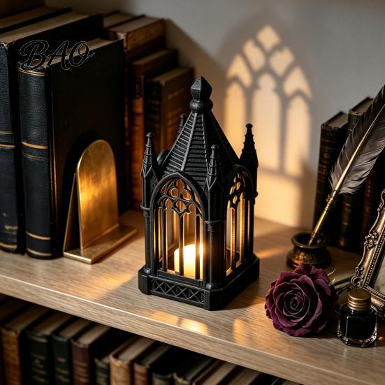 Luminous Figurine for Home Gothic Cathedral LED Candle Lantern, Church Shaped Flameless Tealight Lamp, Holiday Party Ornament Spooky Vintage