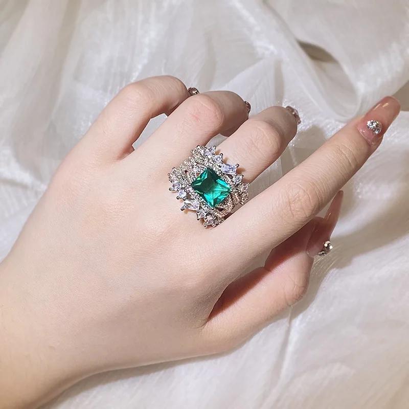 Hot Selling New Product Simulation Emerald Tourmaline Opening Ring Female Luxury Princess Square Full Diamond Ring Party Gift