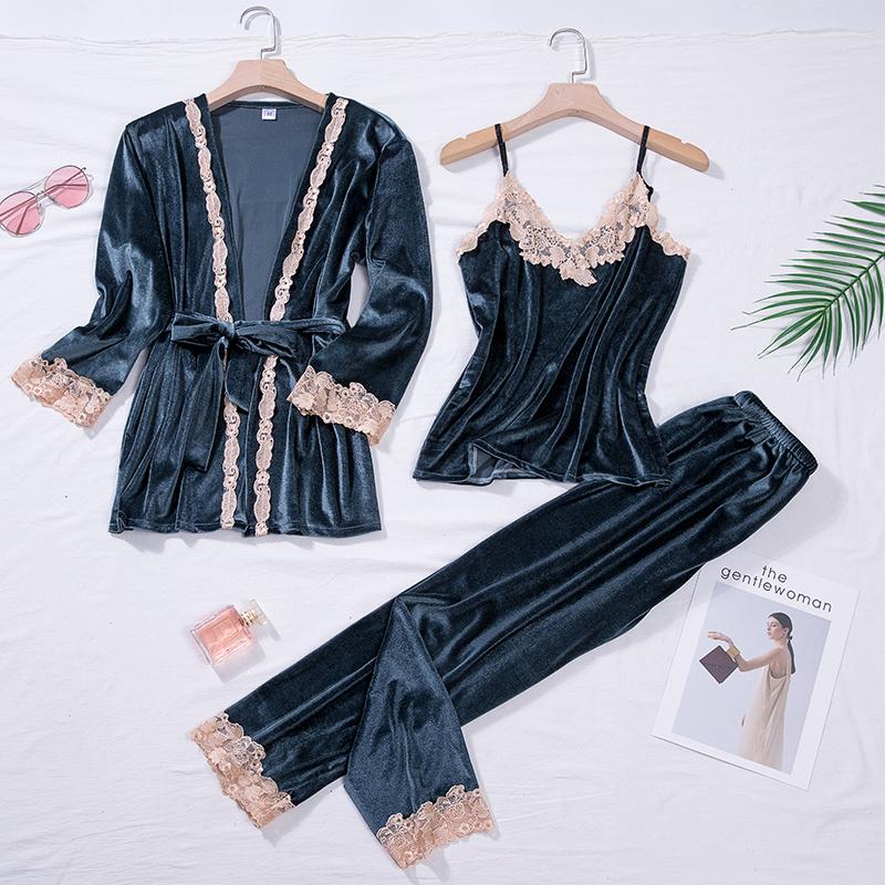 Velvet Pajama Set Women's 2 Piece Robe Pajama Set Pajamas Women's Winter Velvet Bathrobe Dress