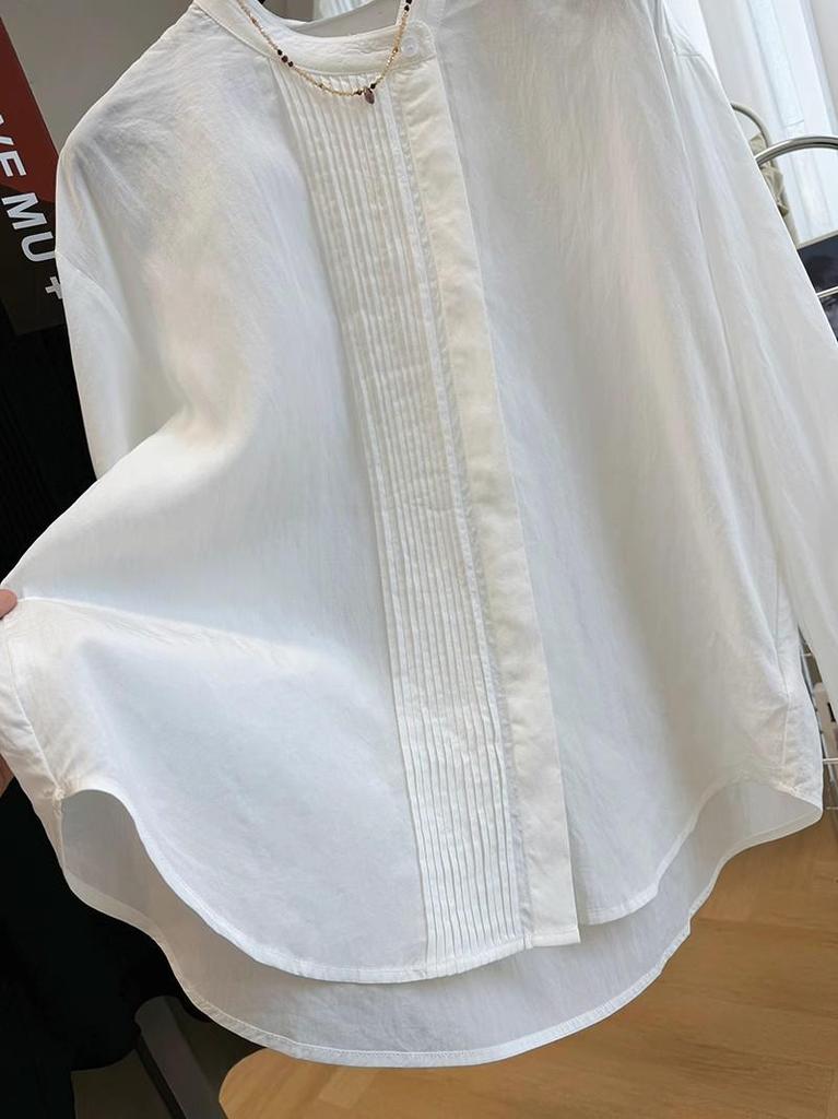 Elegante Blusa de Mujer con Cuello Redondo Plisado y Mangas Largas - Top Chic Francés Primavera 2026