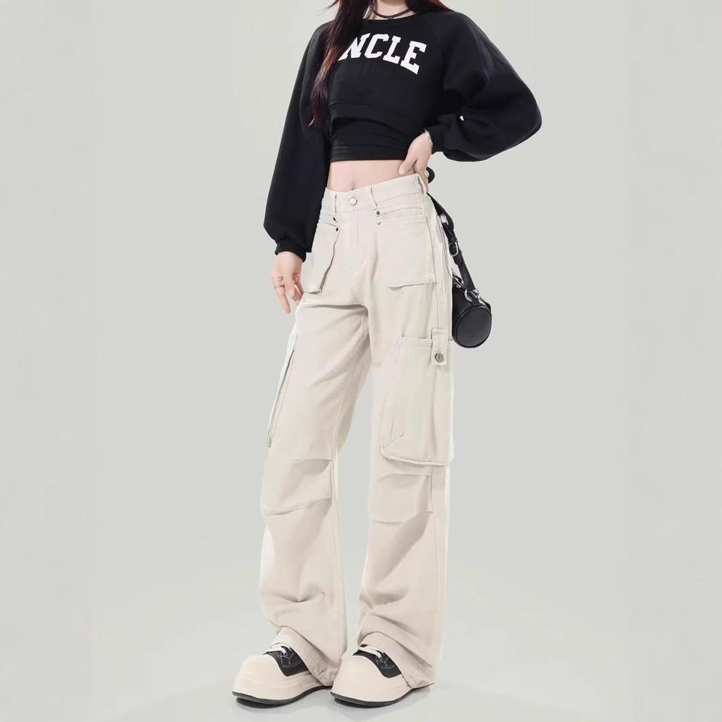 Women's Early Spring Apricot Cargo Jeans: New Design, Multi-Pocket, Loose, Wide-Leg, Floor-Length