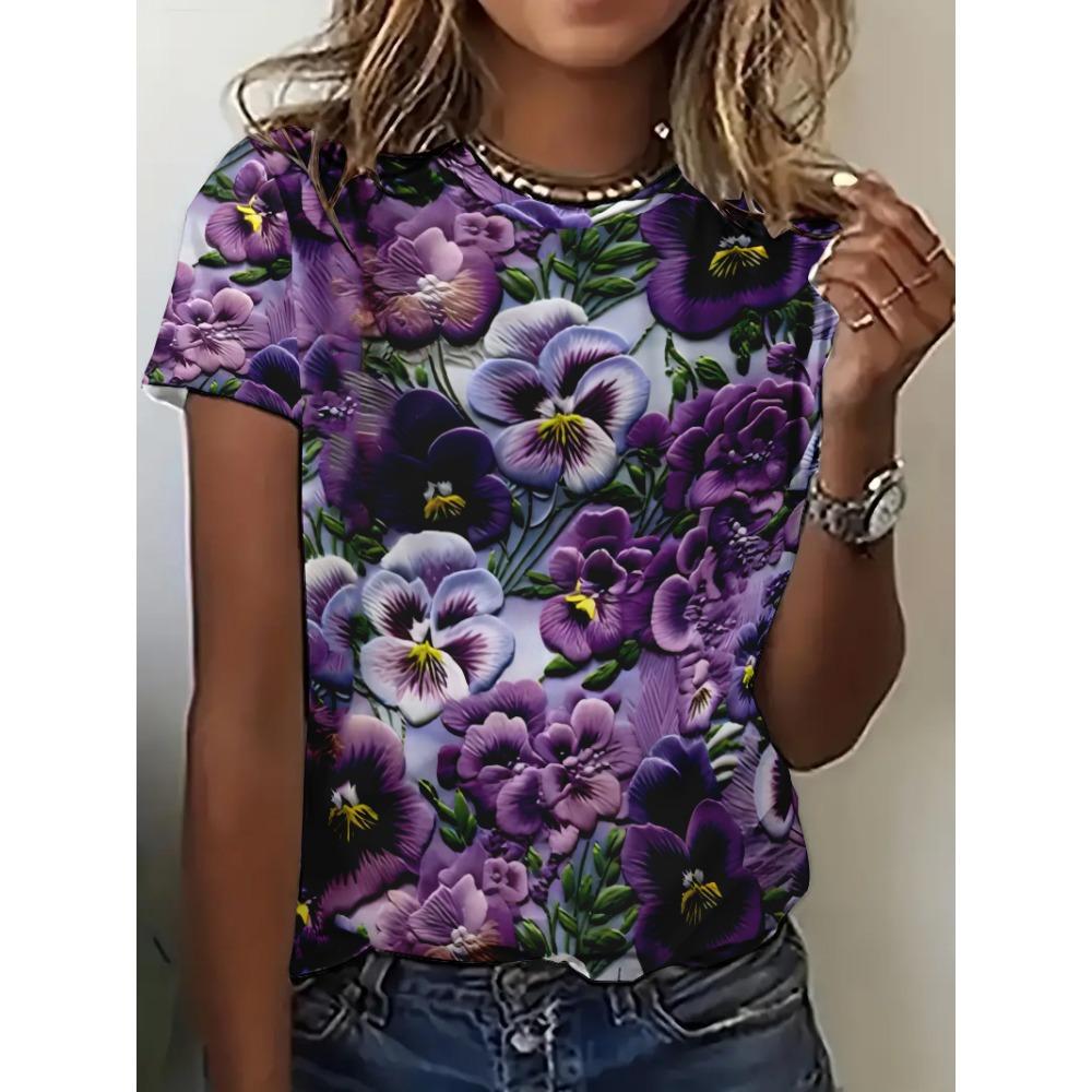 New women's 3D printed round neck pullover short sleeved loose casual comfortable T-shirt flower pattern versatile women's T-shirt