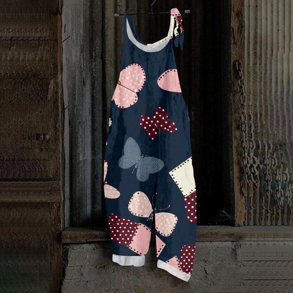 Mono de Mujer con Estampado de Mariposas, Casual Suelto y Retro con Tirantes, Algodón y Lino