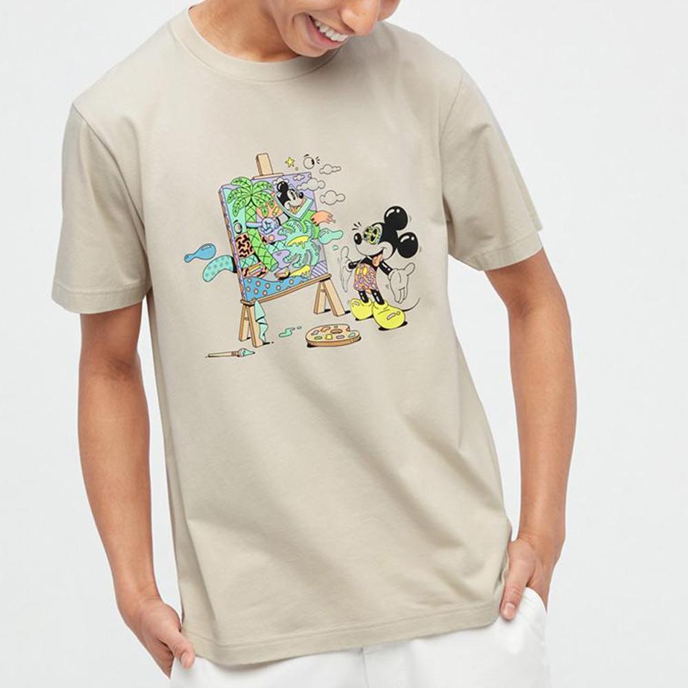Uniqlo X Steven Harrington Mickey Cartoon Print Short Sleeve T-Shirt Unisex Tops Light-Beige 445593-30