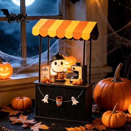 Handcrafted Resin Miniature Scene Halloween Ghost Coffee Bar Figurine, Spooky Statue for Tiered Tray Seasonal Ornament Shelf Desk Tabletop,