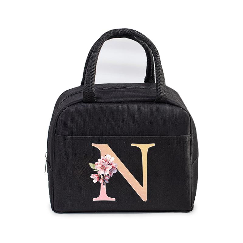 

Cherry Blossom Letter N-Z Print Women Men Lunch Bag Fashion Alphabet Portable Insulated Bag School Multifunctional Bento Handbag