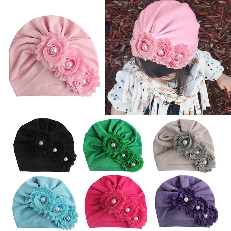 Summer Cute Baby Girl Hat Comfortable Breathable Solid Color With Flower Pearl Candy Color Turban Elastic Cap