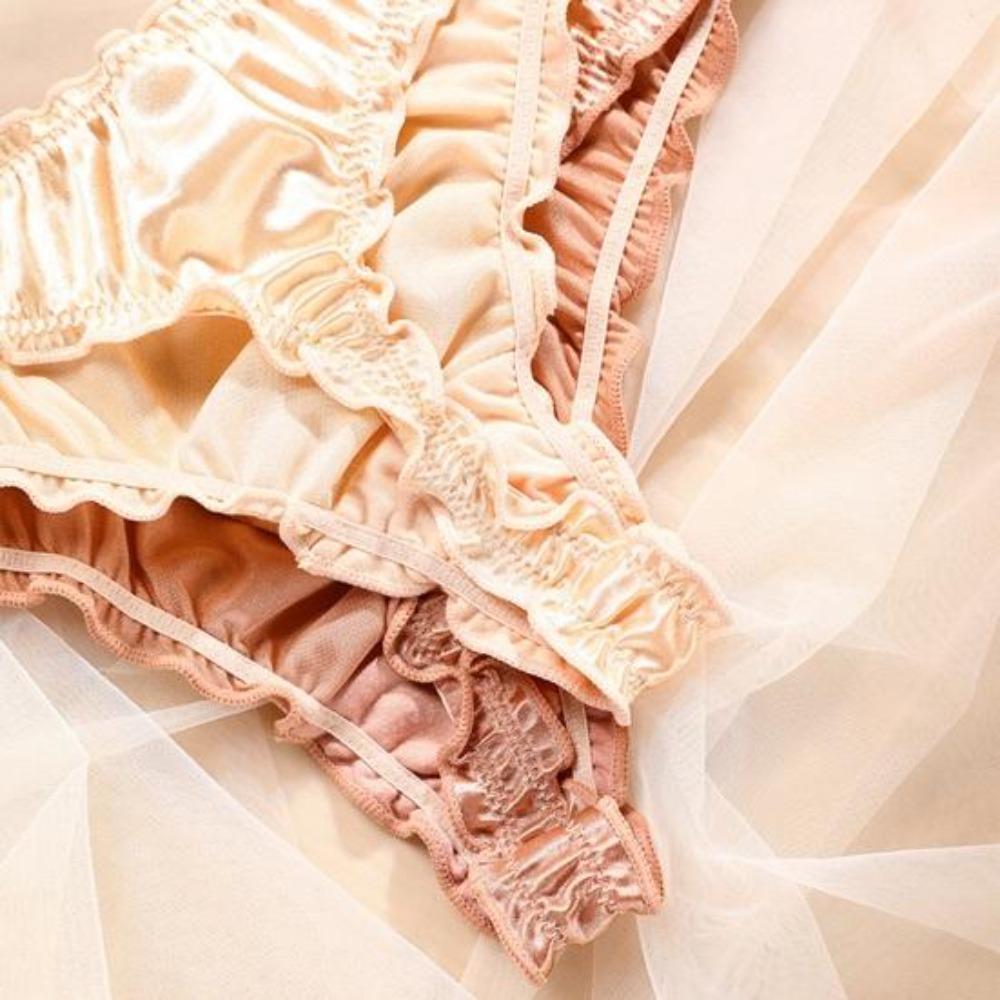 Kadınlar İçin Seksi Düşük Bel Saten G-String Külotlar Sevimli Fırfır Kenarlı Pürüzsüz İpeksi T Sırt İç Çamaşırı