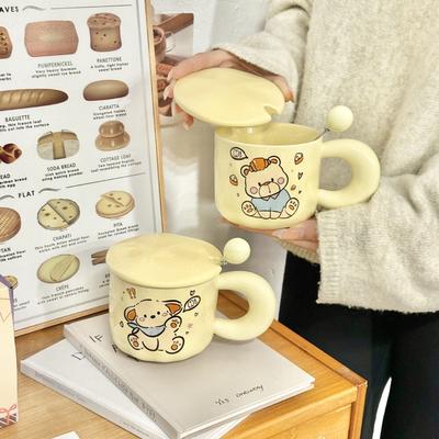 Bread Bear Mug with Lid Spoon Cartoon Cute Ceramic Cup for Girls Home Large Capacity High Value Water Cup