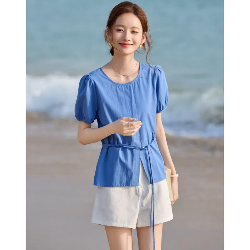 Shangjing Casual Short Sleeve Tie-Waist Shirt M