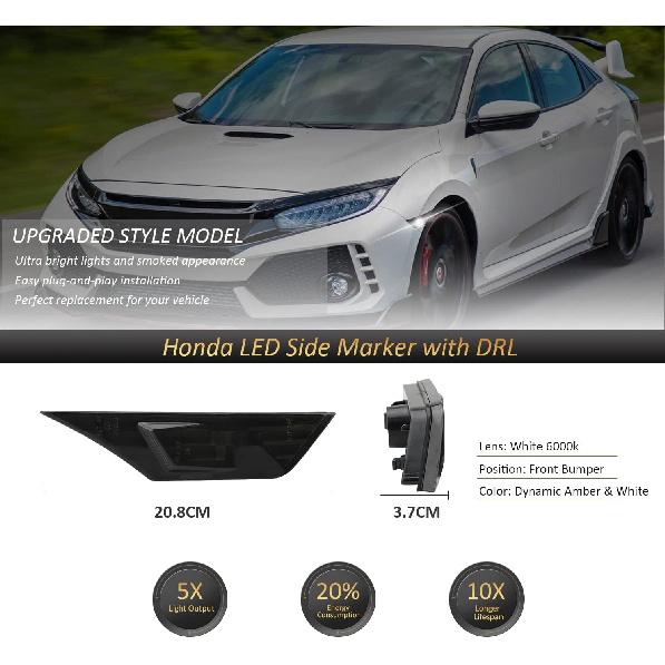 Bestview 2PCS Side Marker Lights For 2016- Honda Civic 10Th Gen Coupe Hatchback: Smoked Lens Front Bumper Fender Lights, 6000K White LED Sidemarker