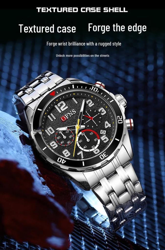 OFNS Men's Waterproof Quartz Chronograph with Silicone Strap and Steel Band, Business Calendar, and Small Second Display.