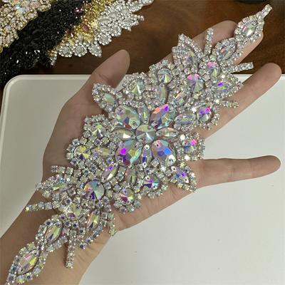 1PCS  AB Silver Rhinestone Applique Flower Patches Iron On/sew On Wedding Dress Accessories For Clothes Decoration