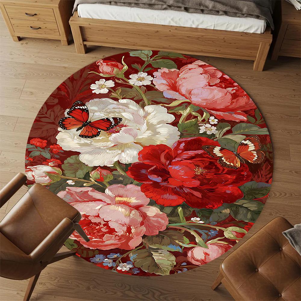 1pc Floral Butterfly Round Chair mat office Area Rug - Non-Slip, Floor Mat for Office, Bedroom, and Indoor Decor p127019