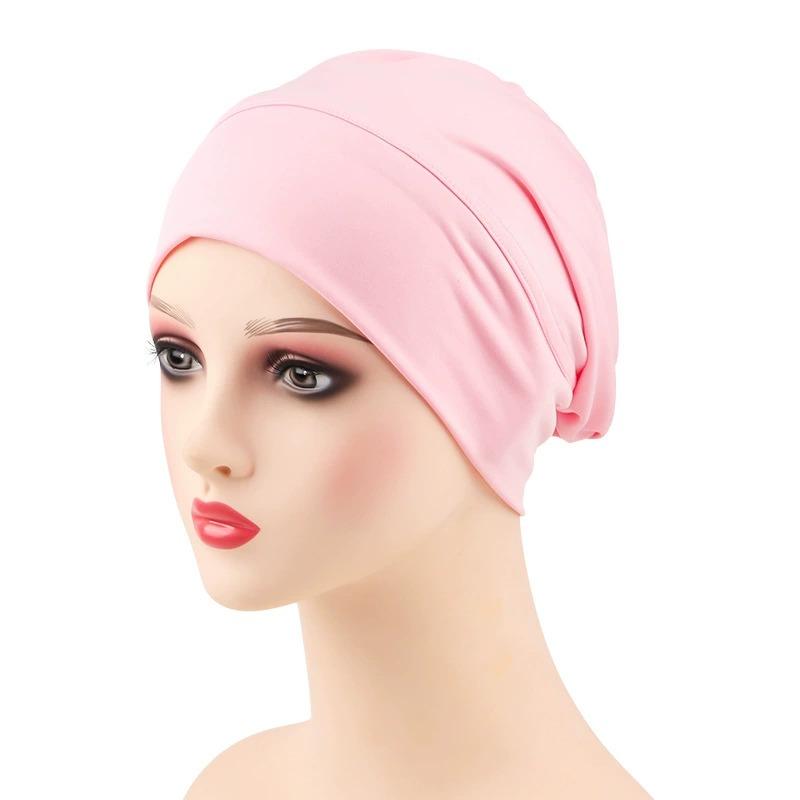 Women Stretch Beanie Chemo Cotton Hair Turban Hat Double-layer Soft Satin Lining Crinkled Hijab Inner Hijab Caps