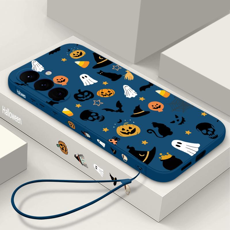 Ghost Pumpkin Pattern Phone Case For Samsung Galaxy A55 A54 5G A56 S25 A53 A52 A14 A34 A15 A35 S23 S24 Ultra S20 FE S21 S22 Soft TPU Lanyard Cover