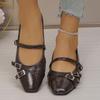 Spring and Autumn New Fashion High Heels Square Head Thick Heel Shallow Mouth One-word Buckle Casual Large Size Single Shoes Women