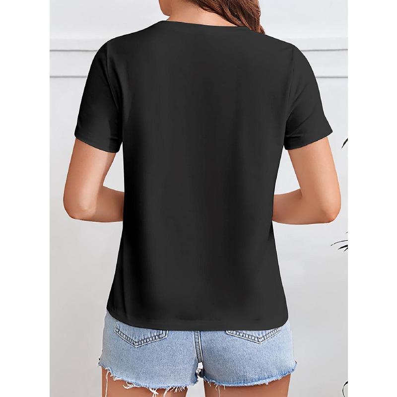 Europäische Größe Damen Schwarz Minimalistisch Abstrakt Linienkunst T-Shirt - Kurzarm Freizeit Oberteil mit Weißer Weiblicher Gesichtzeichnung, Normale Passform