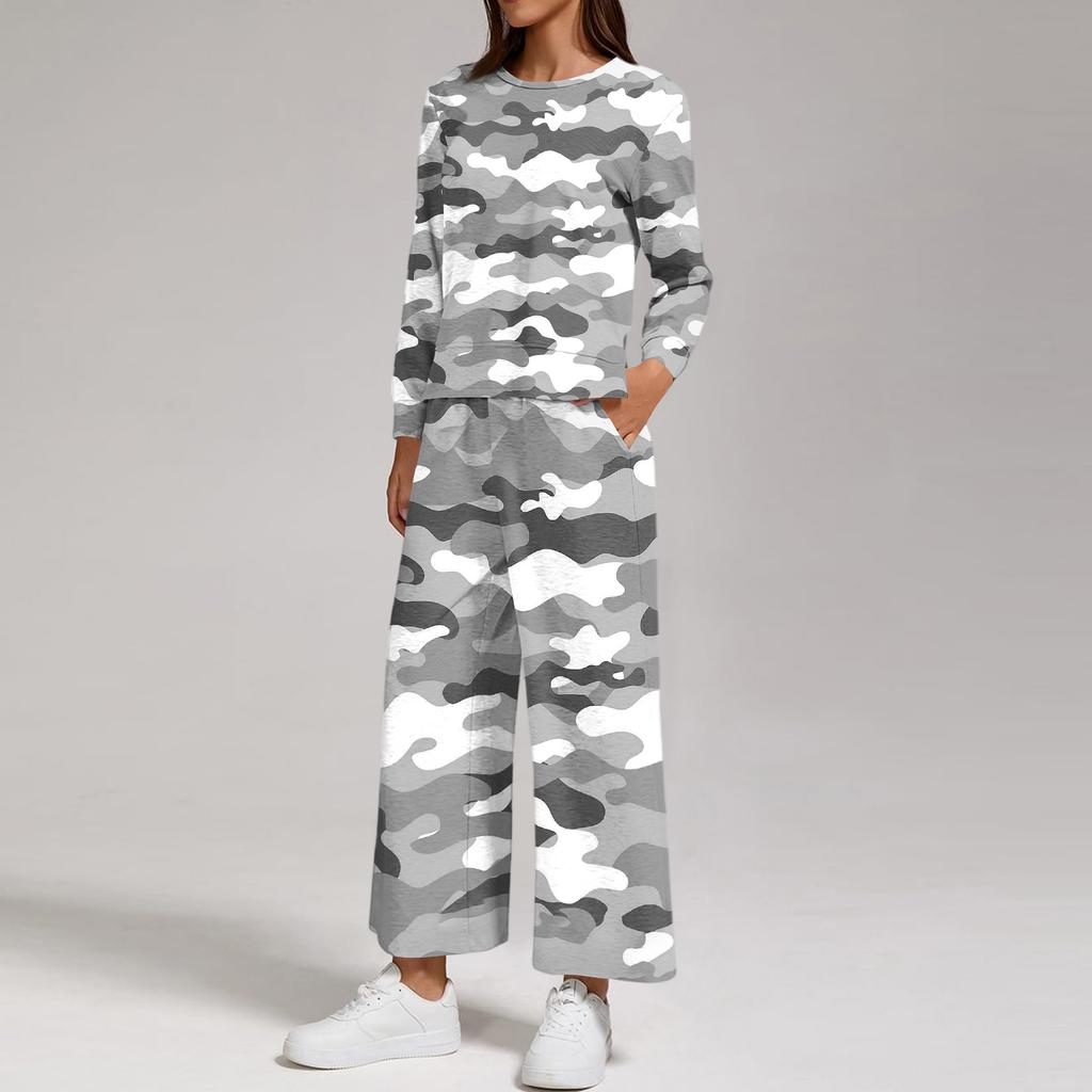 Damen Casual Bedrucktes Sweatshirt und Hose Set - Rundhals Lockerer Schnitt Zweiteiliges Outfit