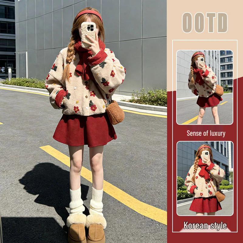

Elegant Two-Piece Women s Set: Unique Floral Warm Coat & Red Skirt for Autumn/Winter M [recommended 48-53kg]