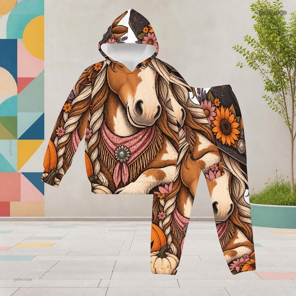 Girls Hooded Long Sleeve Owl Book Printed Two Piece Set Kangaroo Pocket Cuffed Pants