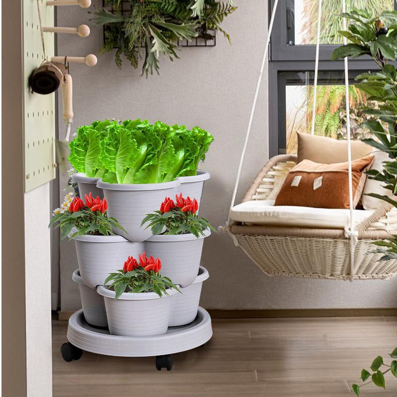 Plastic Stackable Vertical Flower Pot Multi-layer Garden Planter Tower with Movable Casters for Strawberry vegetable Frame Grow