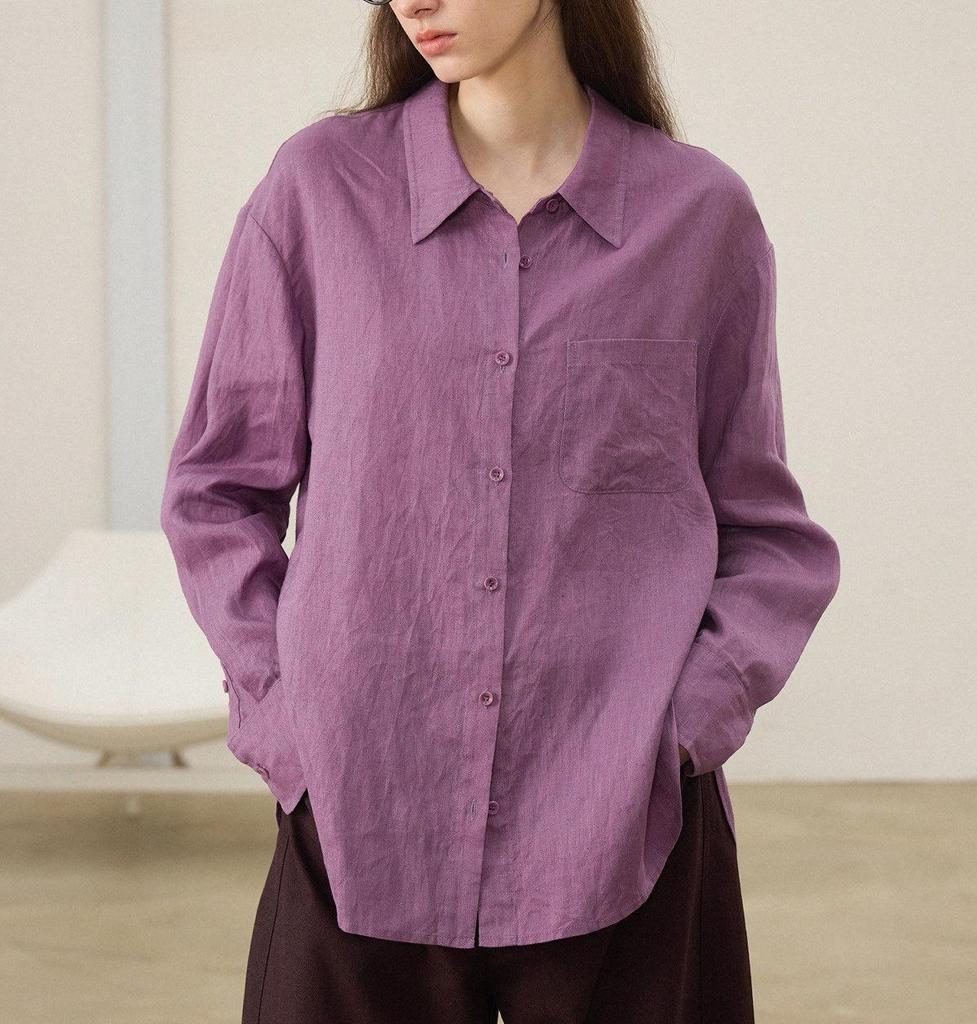 Green 100% Linen Women's Loose Long Sleeve Shirt for Early Autumn Wear