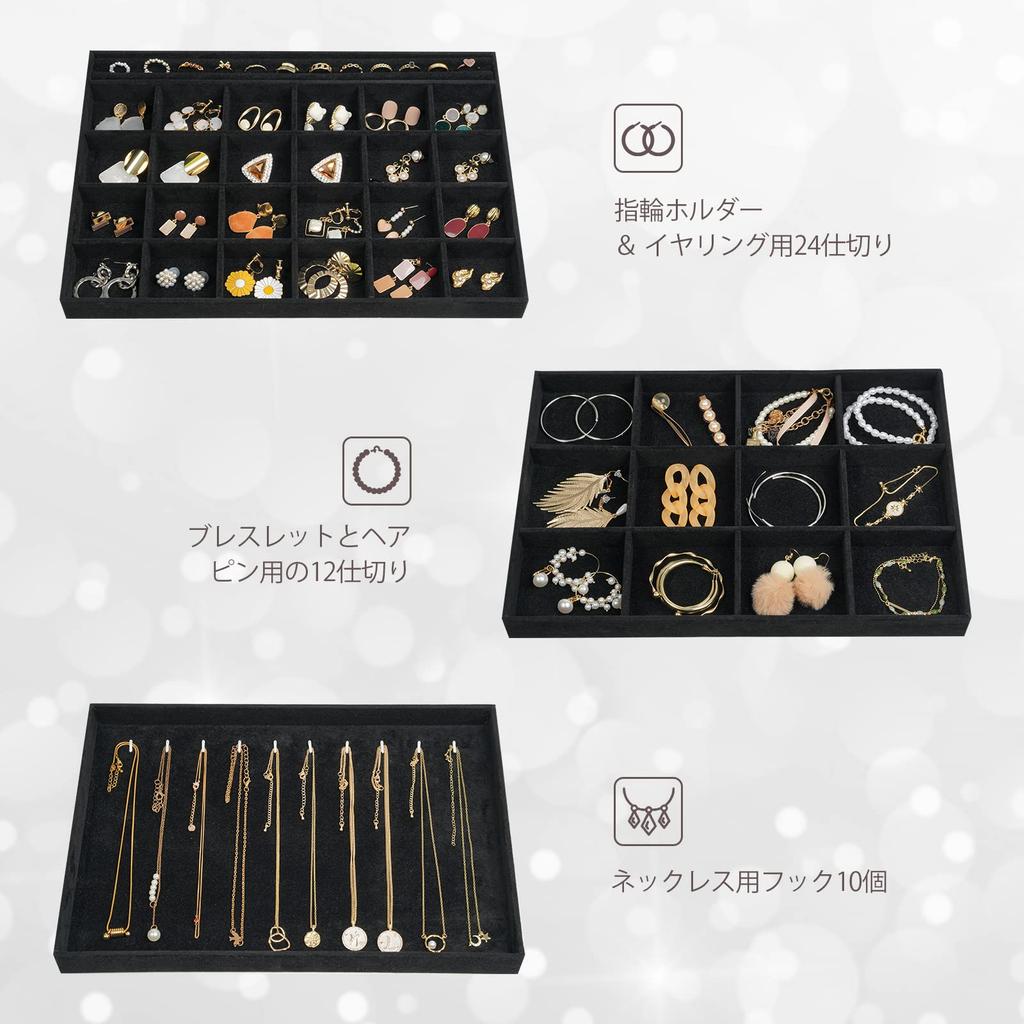 ProCase Jewelry for Accessory with All Black Tray, 3-Pack, Stackable, Vanity/Dresser Drawers, Case, Display, Dividers,