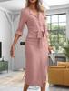 Women's New European and American Solid Color Lapel Waist Elegant Style Temperament Commuter Split Dress Women