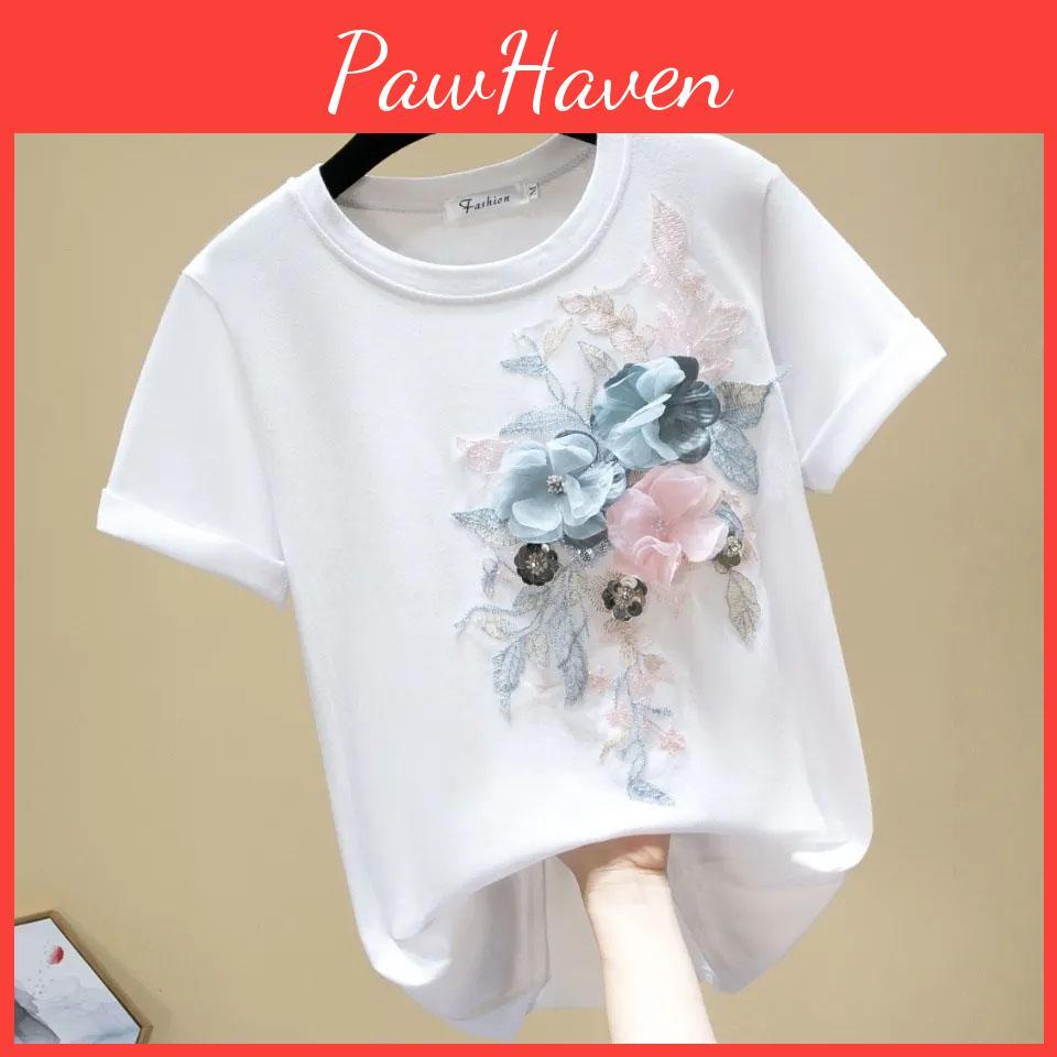 Streetwear Fivefive T Shirts Women Flowers Solid Appliques Beading Tops Female Summer Short Sleeve Plus Size Tees Cotton Clothes