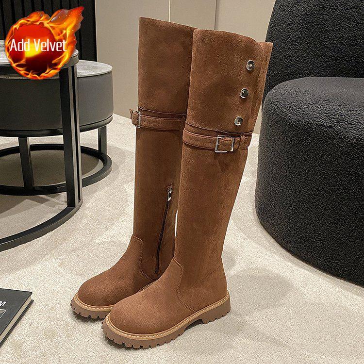 Elegant Fleece-Lined Over The Knee Winter Boots for Women Suede Round Toe Chunky Heel Snow Boots with Thick Sole 35 10643₽