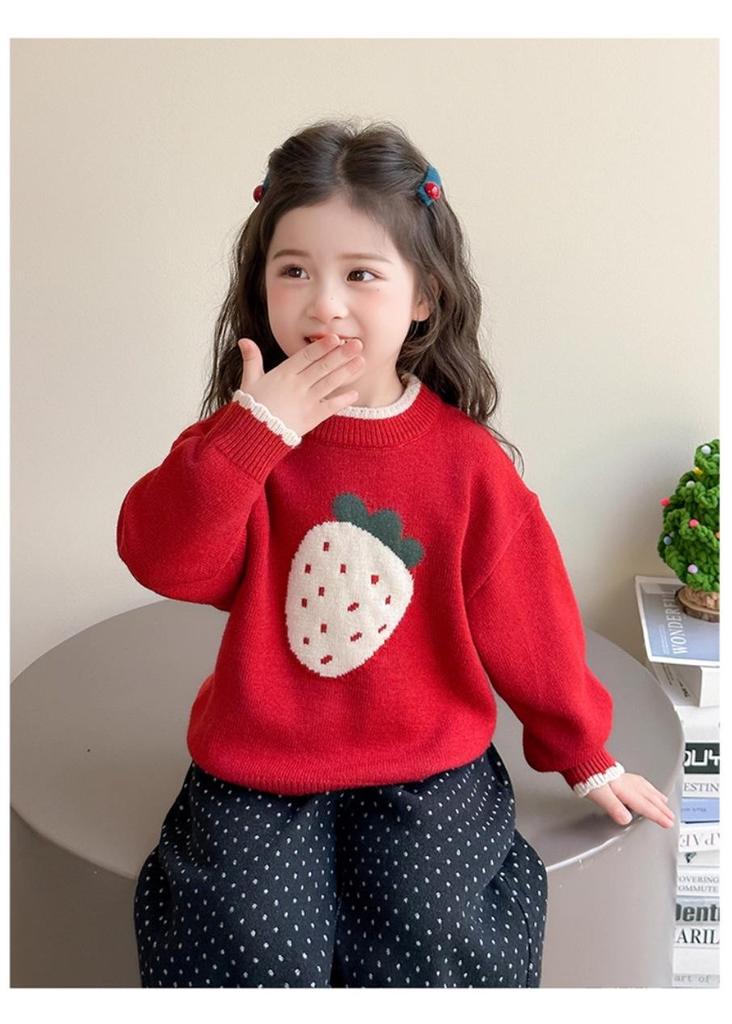 Girls' 2025 Autumn/Winter Strawberry Knit Sweater - Thick, Stylish Baby & Little Girl Top