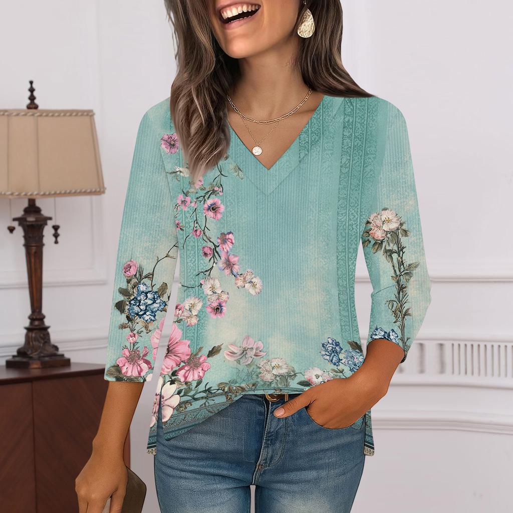 3/4 Sleeve Shirts For Women  Print Graphic Tees Blouses Casual Plus Size Basic Tops Pullover