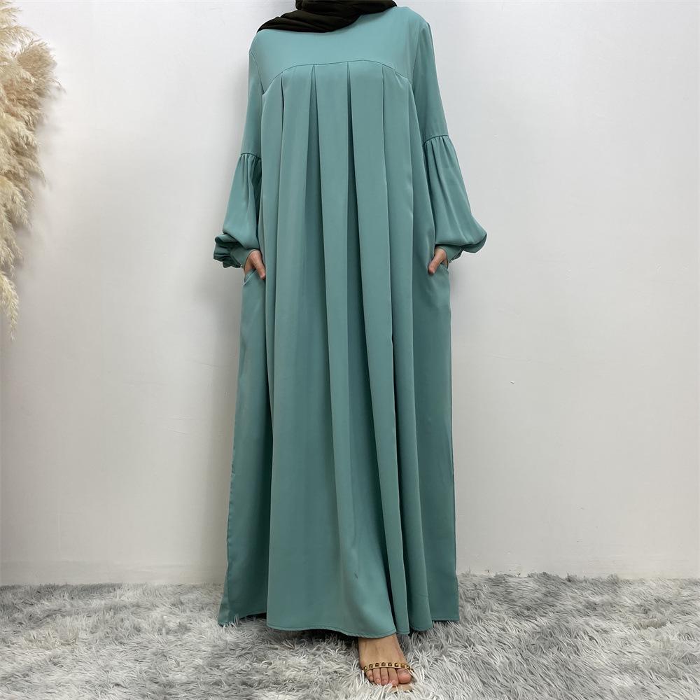 Summer Pleated Solid Color Muslim Abaya with Pockets
