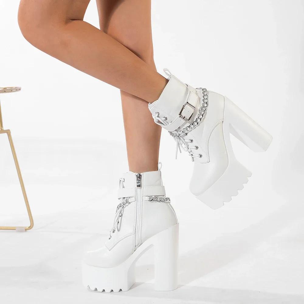 Women's Chain Decor Block Heeled Boots Fashion Lace Up Side Zipper Platform Boots Stylish Ankle Boots High Heels