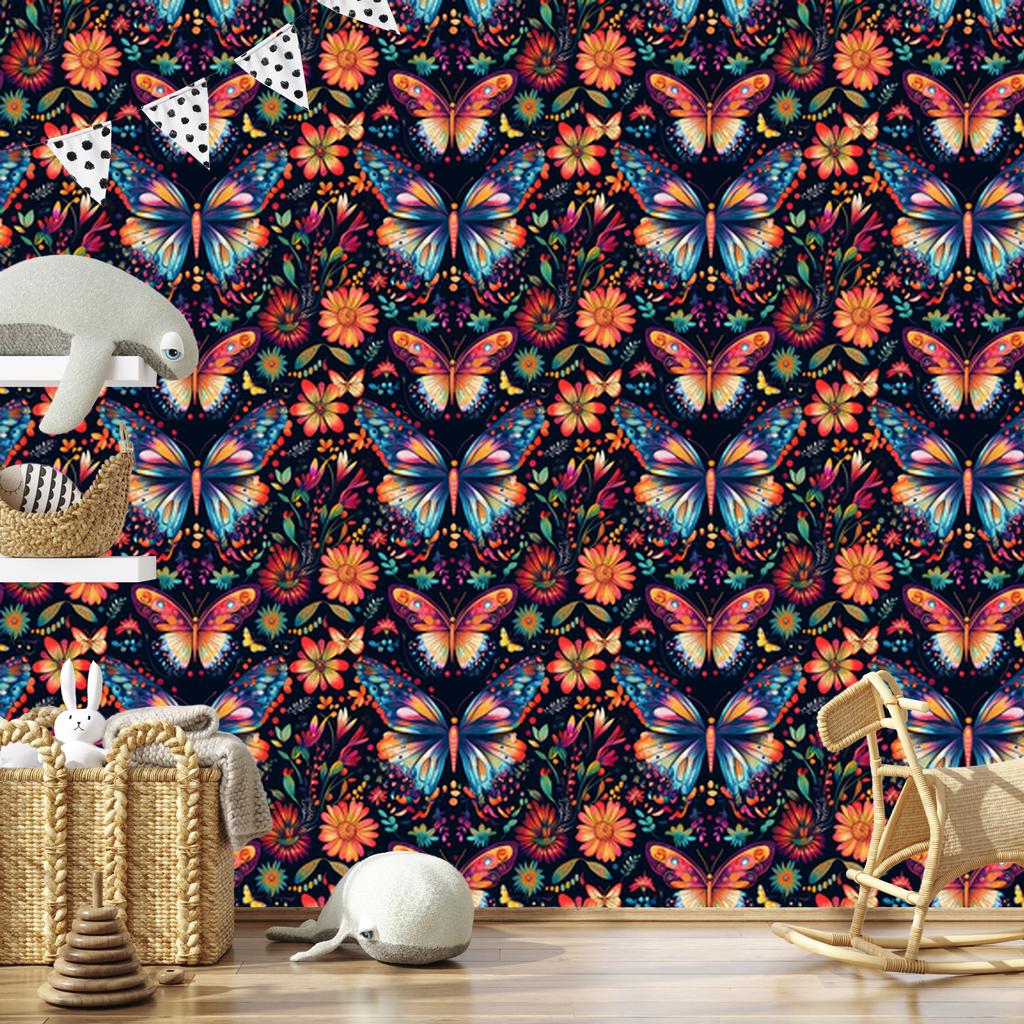 Wallpaper Colorful Butterflies Navy Blue and Burgundy for Living Room and Bedroom 50x1000