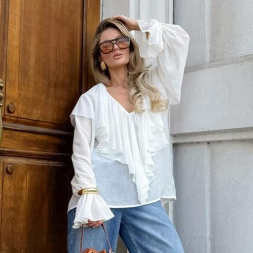 Autumn European and American Texture V-neck Ruffle Edge Flared Sleeve Shirt Women's Versatile White Chiffon Shirt