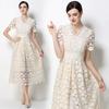 Summer Formal Evening Dress Women Hollow Out Crochet Lace Embroidery Party Long Dresses Female Short Sleeve Midi Dress