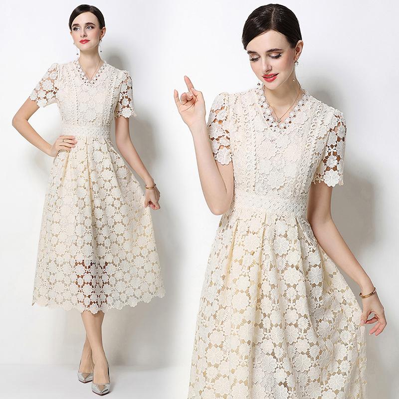 Summer Formal Evening Dress Women Hollow Out Crochet Lace Embroidery Party Long Dresses Female Short Sleeve Midi Dress