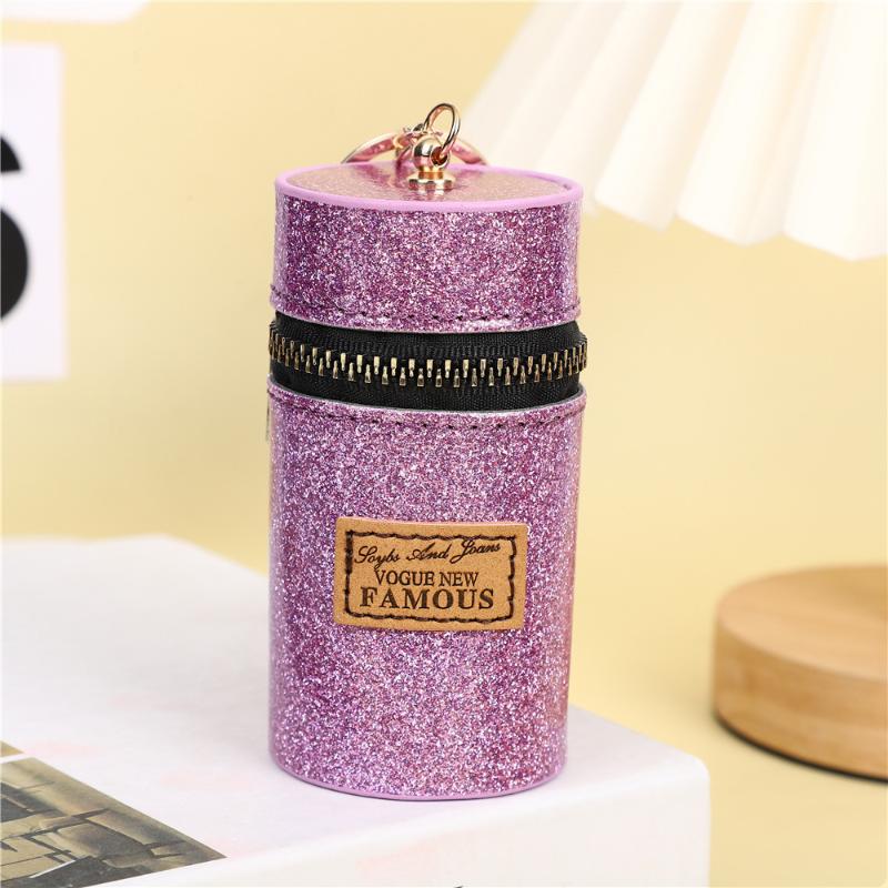 Trendy Glitter Cylindrical Coin Purse Mini Lipstick Pouch With Scarf Keychain Portable Earphone Storage Bag For Women Gifts