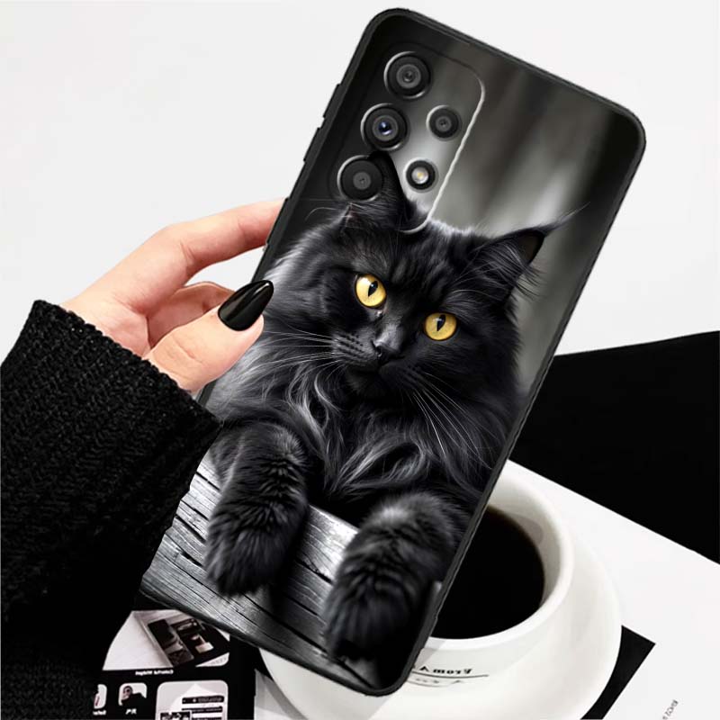 Anime cartoon cat illustration For Samsung A73 A72 A71 A55 A54 A53 A52 A51 A13 A22 A16 A15 A12 A14 A26 A07 5G Black Phone Case
