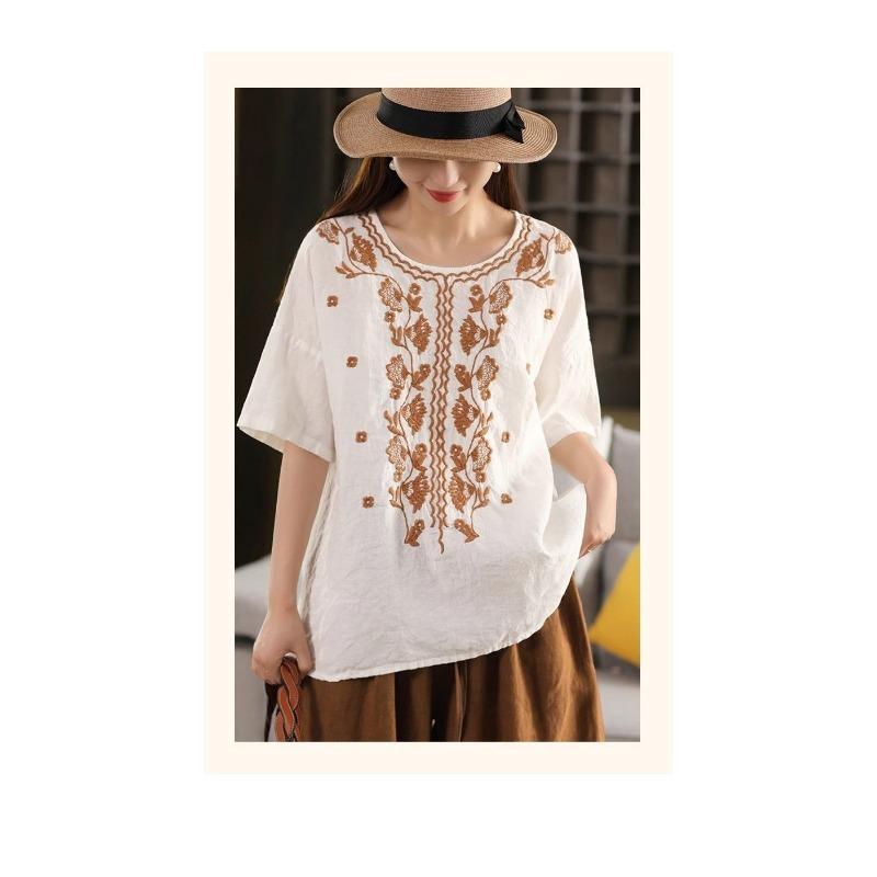 Heavy Embroidery Cotton and Linen Literary Loose Retro Temperament Round Neck Short-sleeved T-shirt Embroidered Versatile Summer New Top