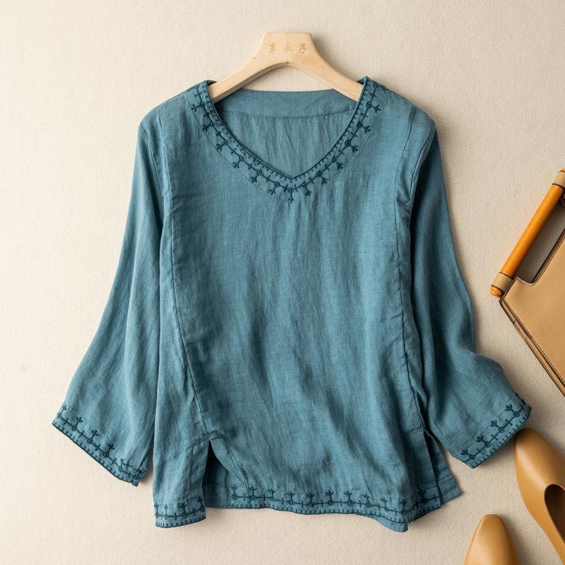 

Three-quarter Sleeve Embroidered Cotton and Linen Blouse Summer Retro Thin Loose T-shirt S синій